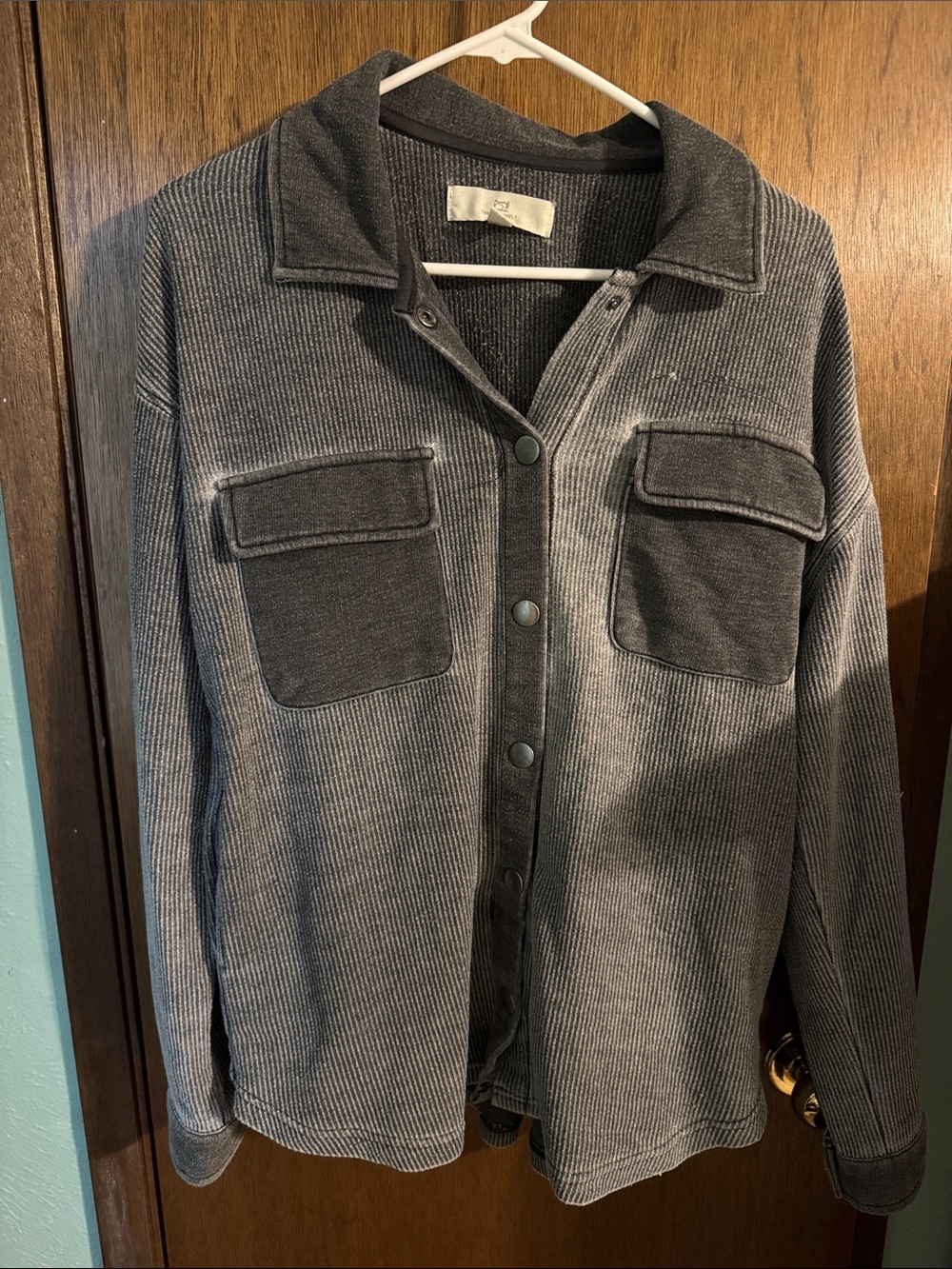 Gray Corduroy Button-Up Shacket with Chest Pockets